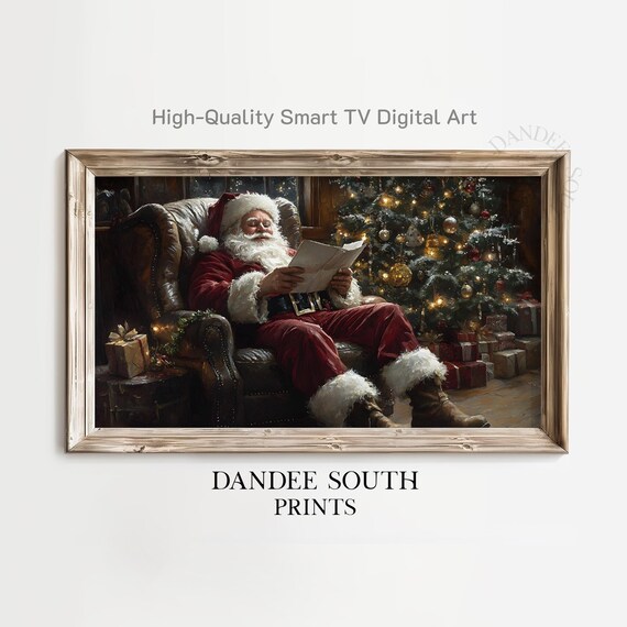 Vintage Santa Reading Letters by Christmas Tree TV Art Print