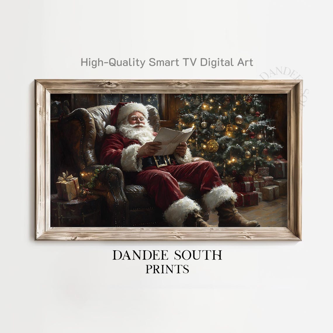Vintage Santa Reading Letters by Christmas Tree TV Art Print