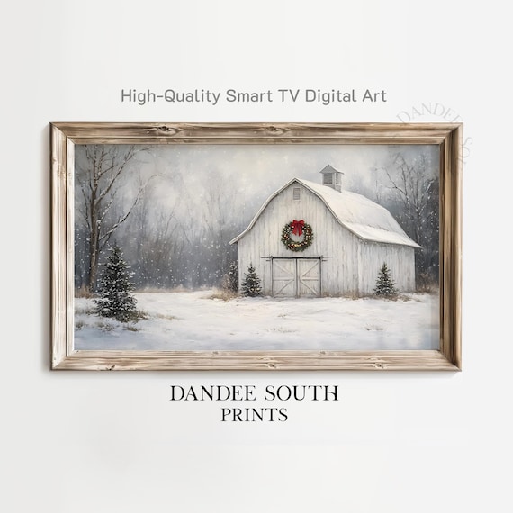 White Christmas Barn With Wreath Snowy Winter Farmhouse Wall Art