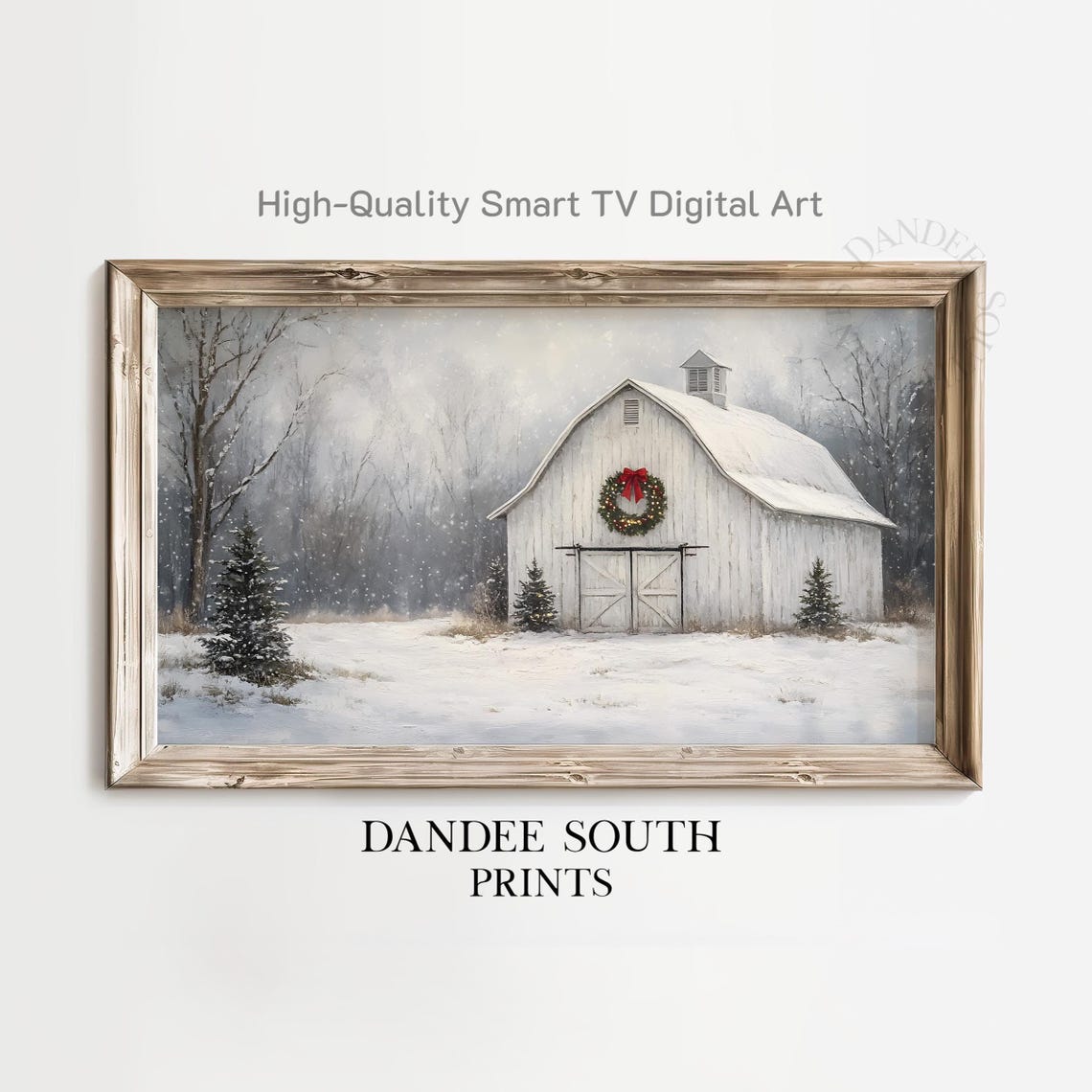 White Christmas Barn With Wreath Snowy Winter Farmhouse Wall Art
