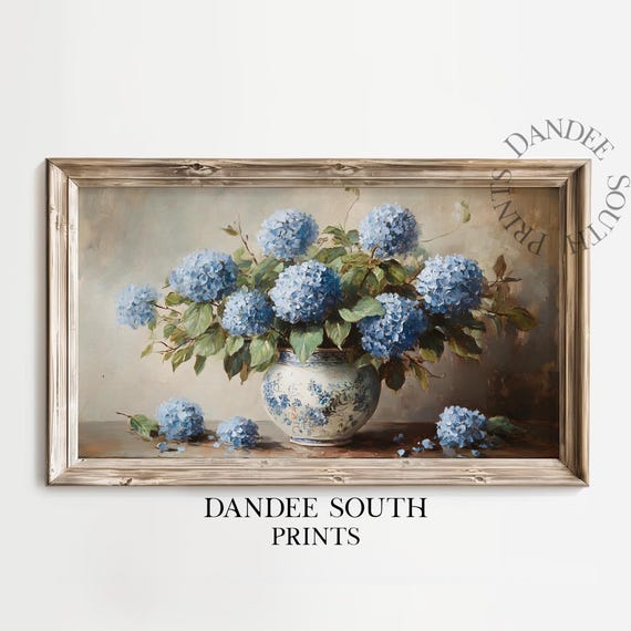 Blue Hydrangeas Tv Art For Frame Smart Spring Flowers Painting Chinoiserie Toile Floral Home Decor Tv017