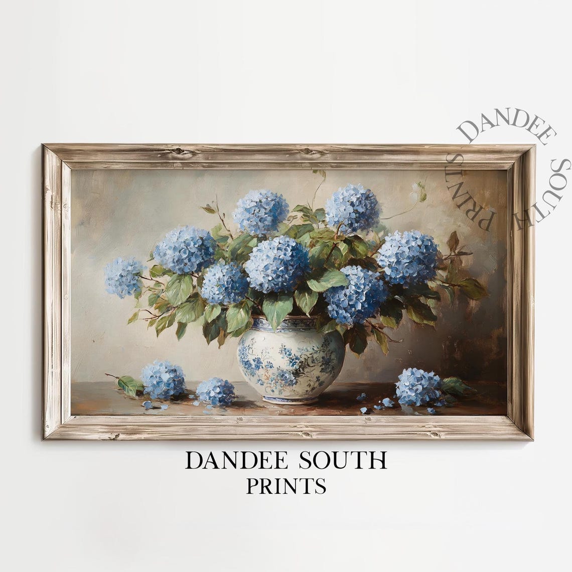 Blue Hydrangeas in Vase Vintage Floral Still Life Painting Wall Art