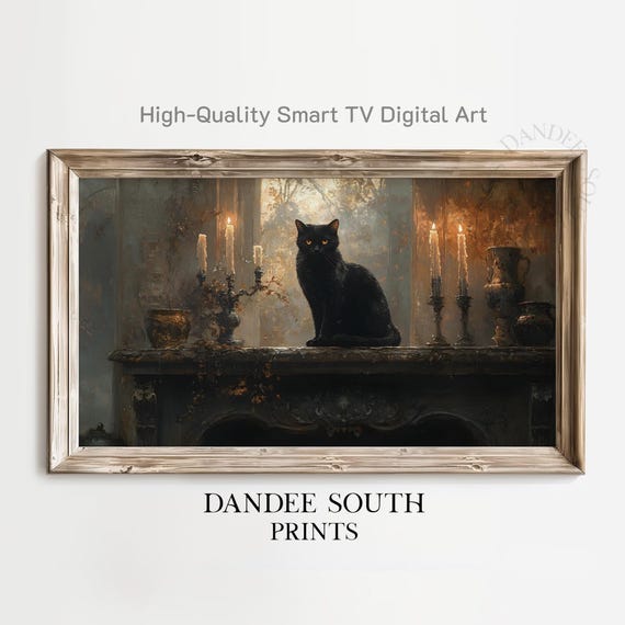 Halloween Black Cat Tv Art For Frame Smart Spooky Painting Creepy Display Tv040
