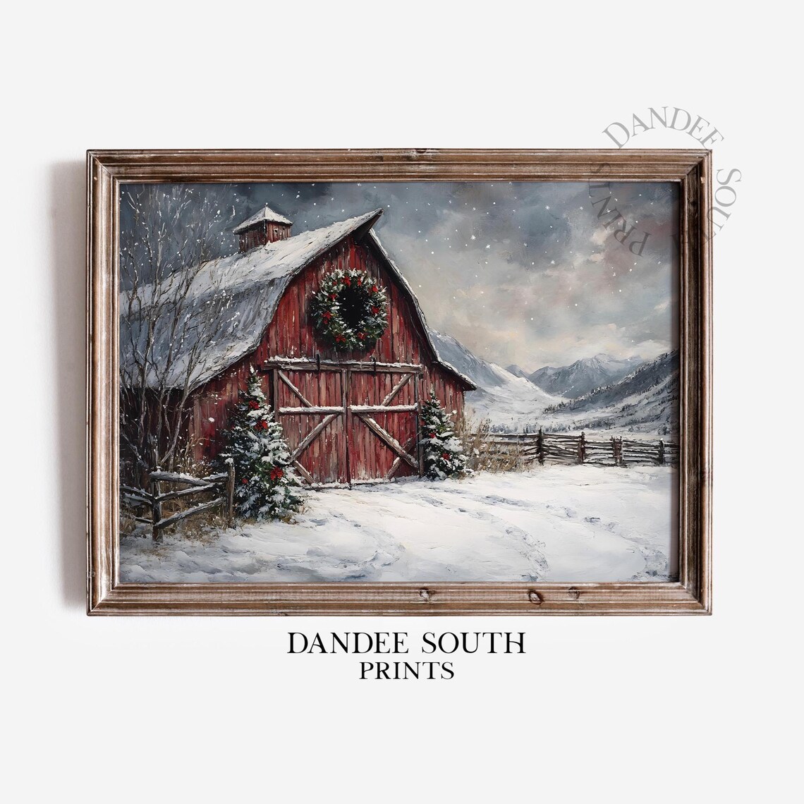 Red Barn Christmas Snowy Winter Farm Wreath Rustic Painting Poster