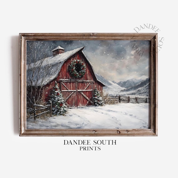 Red Barn Christmas Snowy Winter Farm Wreath Rustic Painting Poster