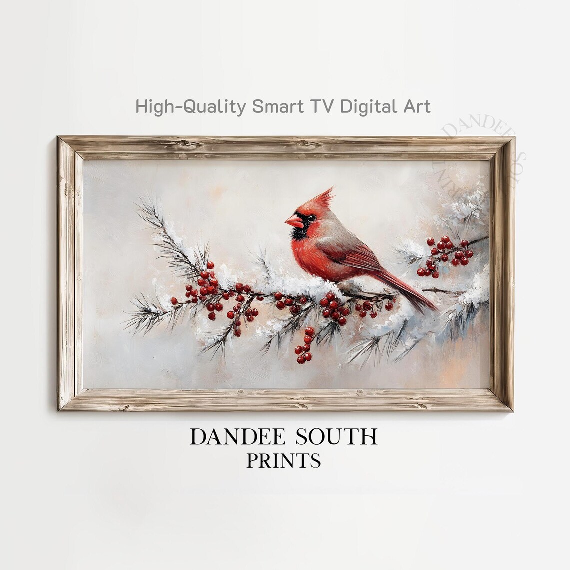 Red Cardinal on Snowy Berry Branch Winter Painting Bird Wall Art
