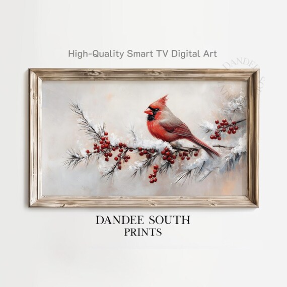 Red Cardinal on Snowy Berry Branch Winter Painting Bird Wall Art