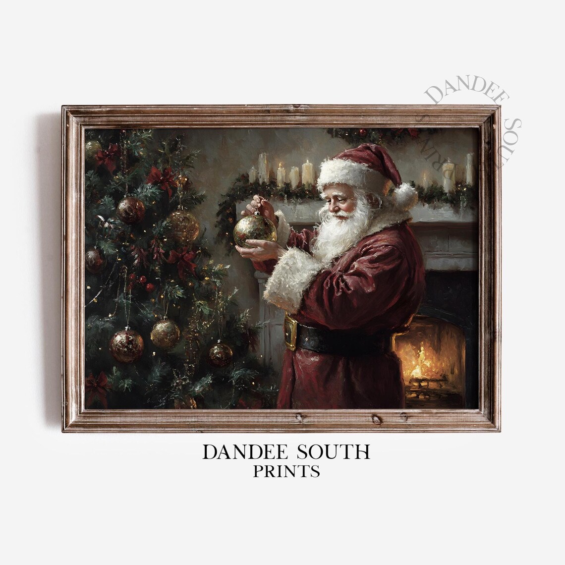 Vintage Santa Decorating Christmas Tree Fireside Oil Painting Poster