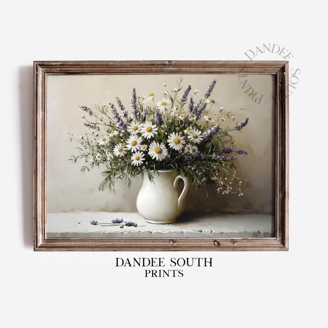 Vintage Rustic White Daisy Lavender Bouquet in Pitcher Poster