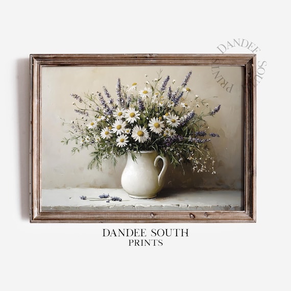 Vintage Rustic White Daisy Lavender Bouquet in Pitcher Poster