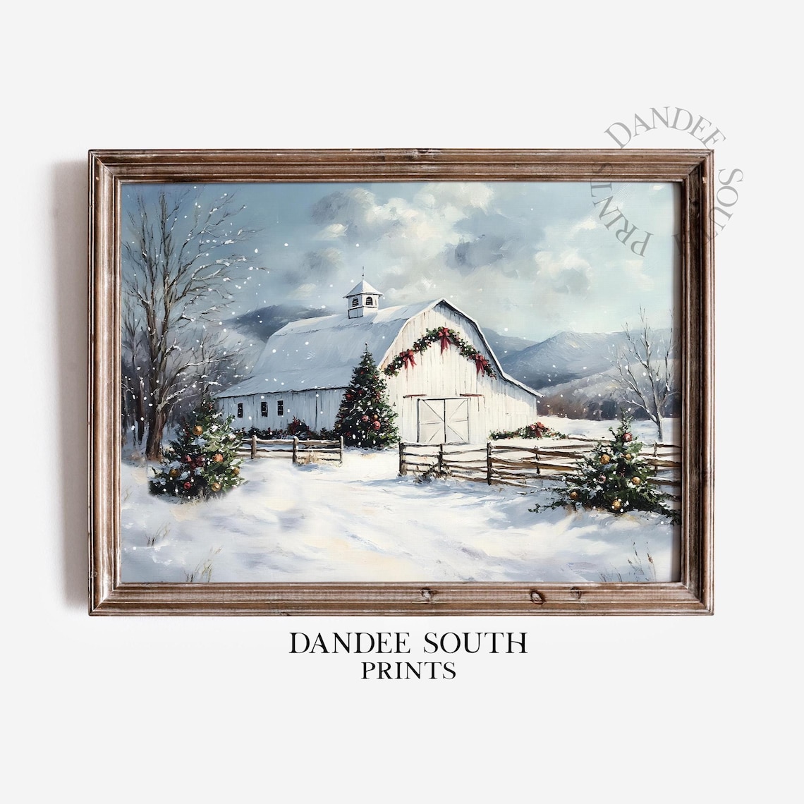 Snowy White Barn Christmas Decor Winter Farm Painting Poster