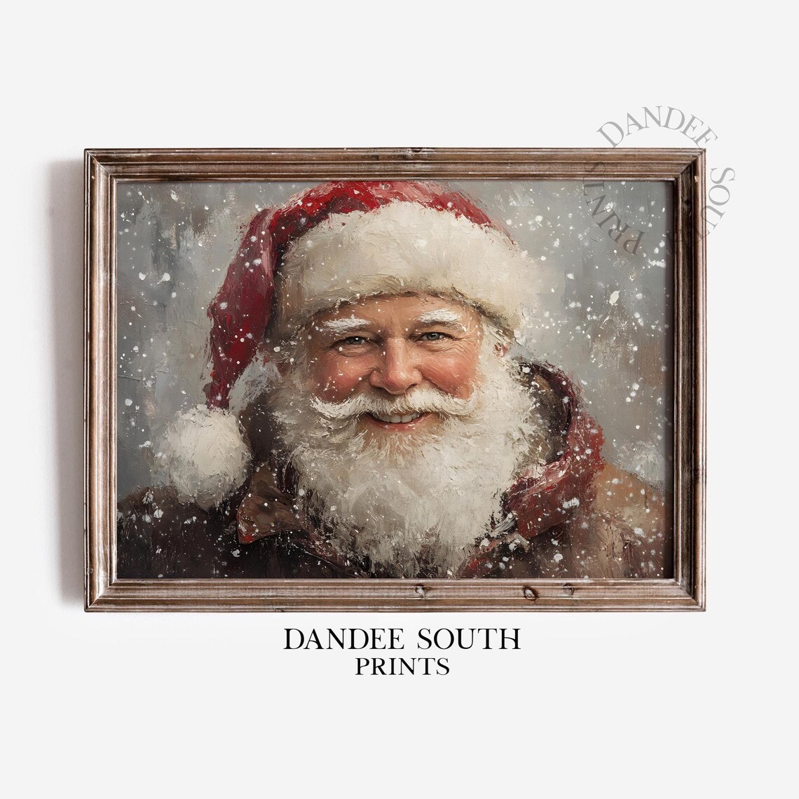 Vintage Santa Claus Smiling Portrait in Falling Snow Oil Painting Poster