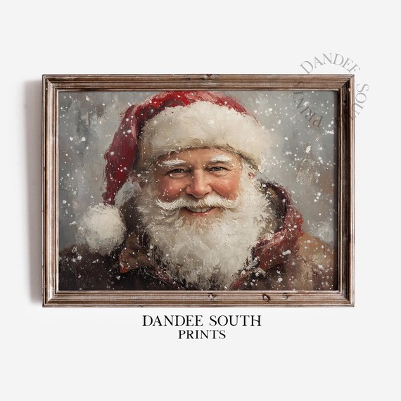 Vintage Santa Claus Smiling Portrait in Falling Snow Oil Painting Poster
