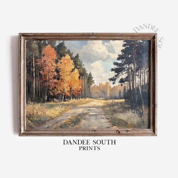Vintage Fall Landscape Oil Painting Autumn Wall Art Forest Farmhouse Decor 535