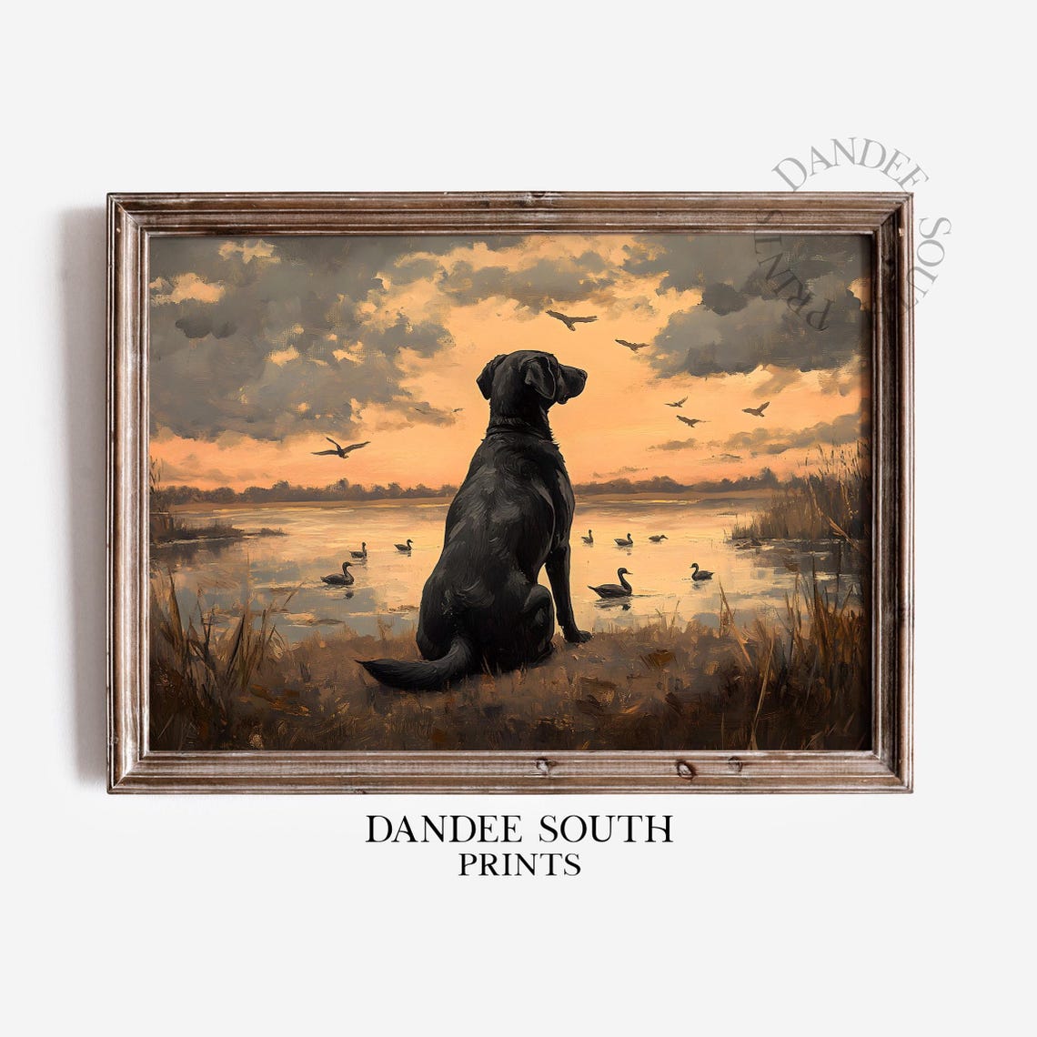 Black Labrador at Sunset Lake with Ducks Vintage Dog Painting Wall Art