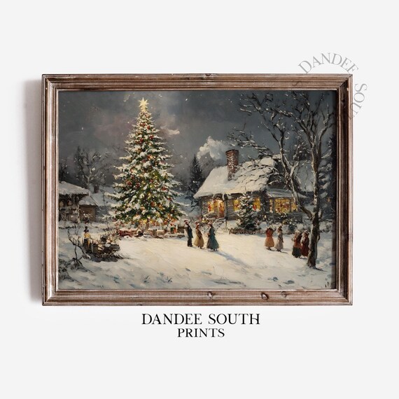 Vintage Christmas Village with Lit Tree and Carolers Night Painting Poster