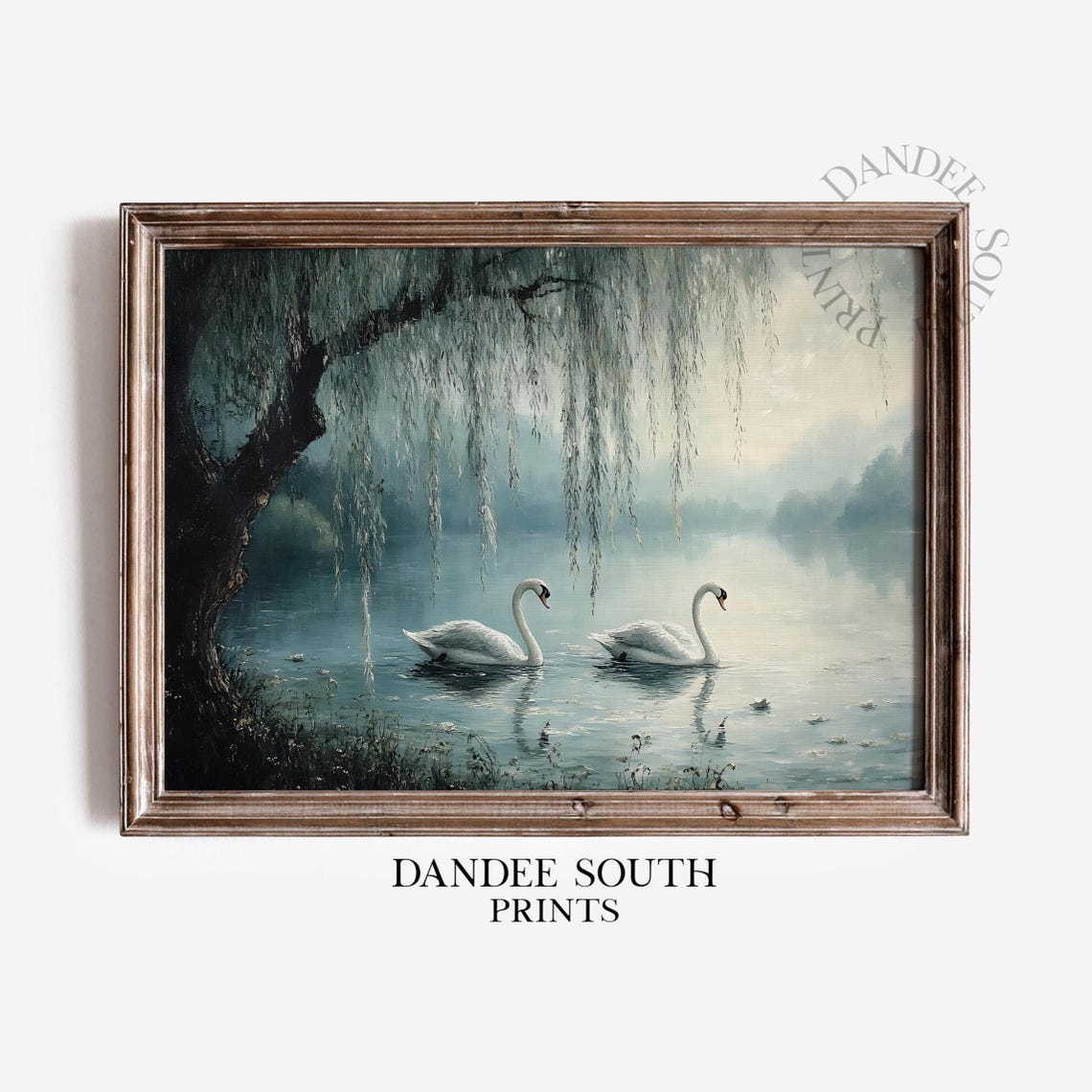 Two White Swans Gliding Under Weeping Willow Branches Lake Poster