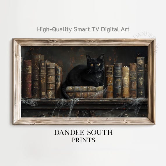 Halloween Tv Art For Framestyle Tvs Smart Black Cat On Bookshelf Painting Spooky Fall Home Decor Tv113