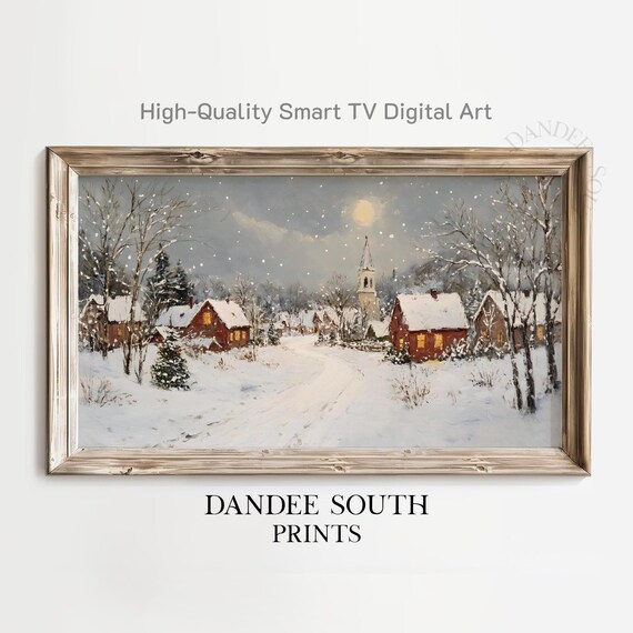 Snowy Christmas Village Church Nightfall Winter Landscape Poster