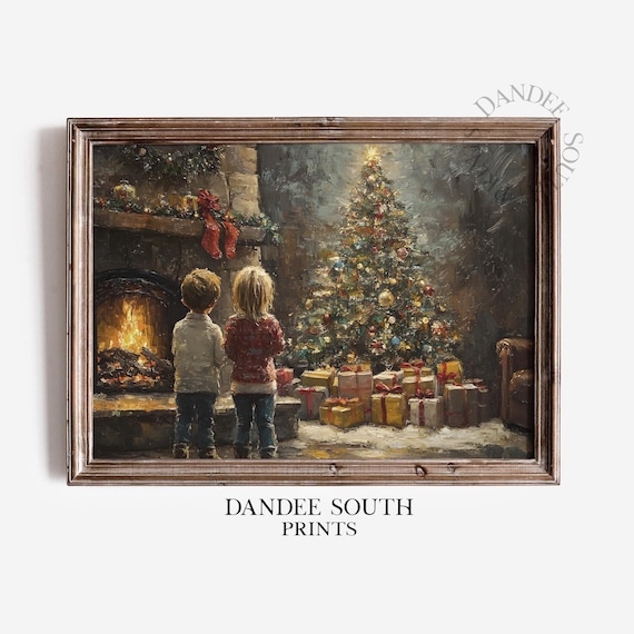 Two Kids Fireplace Christmas Tree Gifts Cozy Winter Night Art Poster