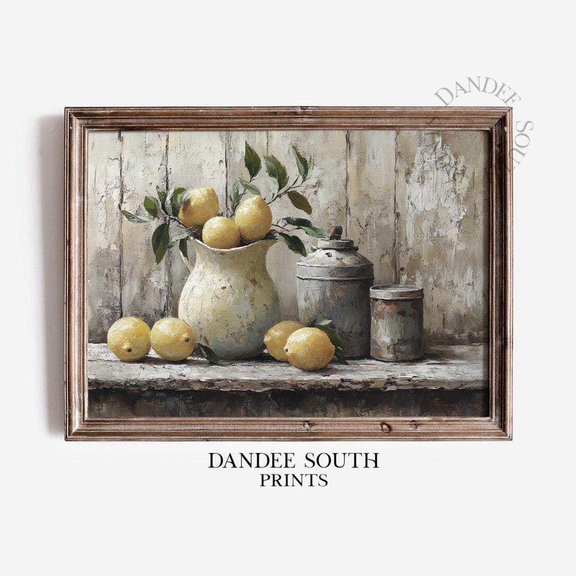Vintage Lemon Still Life Pitcher Rustic Kitchen Oil Painting Print