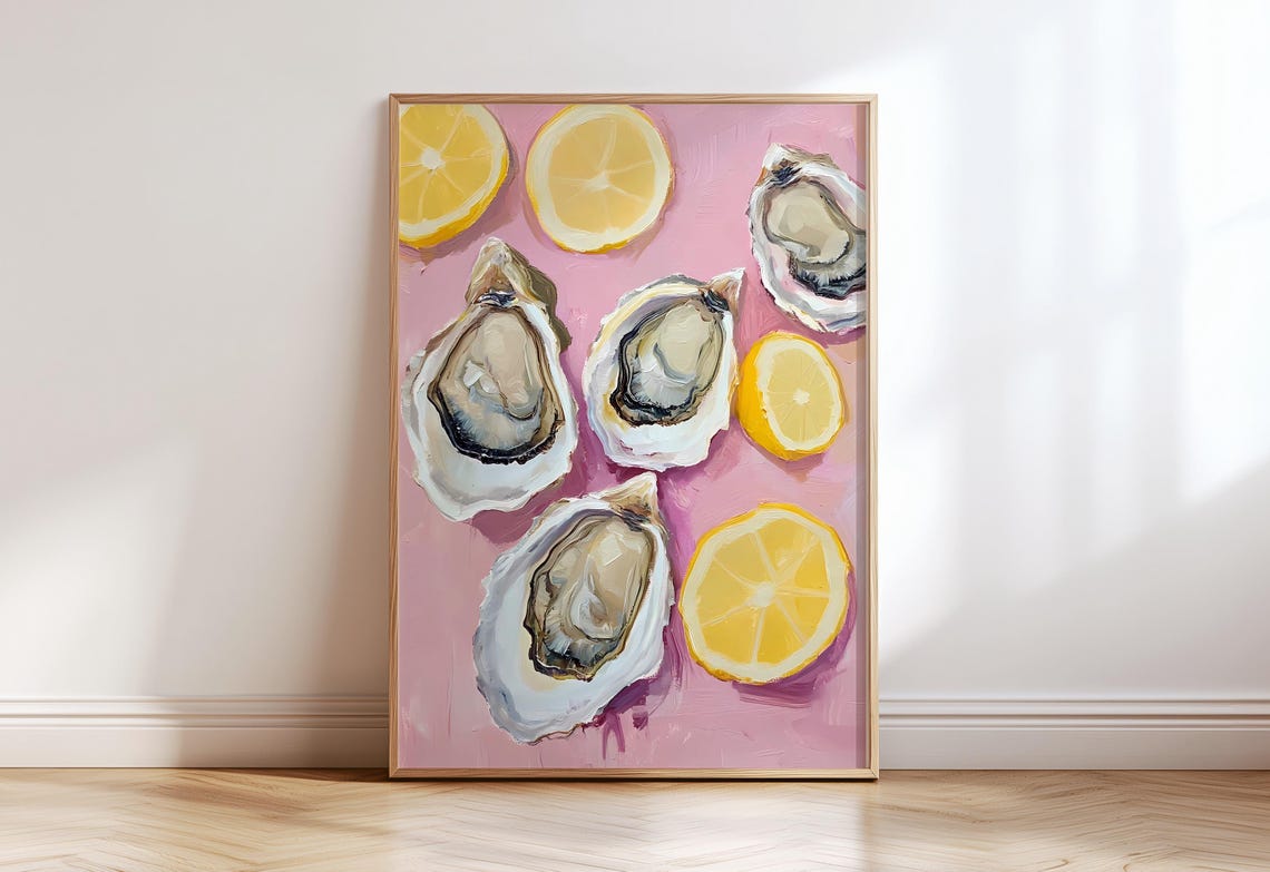 Pastel Pink Oysters and Lemon Slices Seafood Kitchen Wall Art
