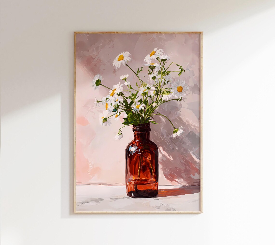 White Daisy Bouquet Art Print Abstract Floral Vase Painting