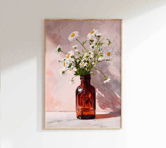 White Daisy Bouquet Art Print Abstract Floral Vase Painting