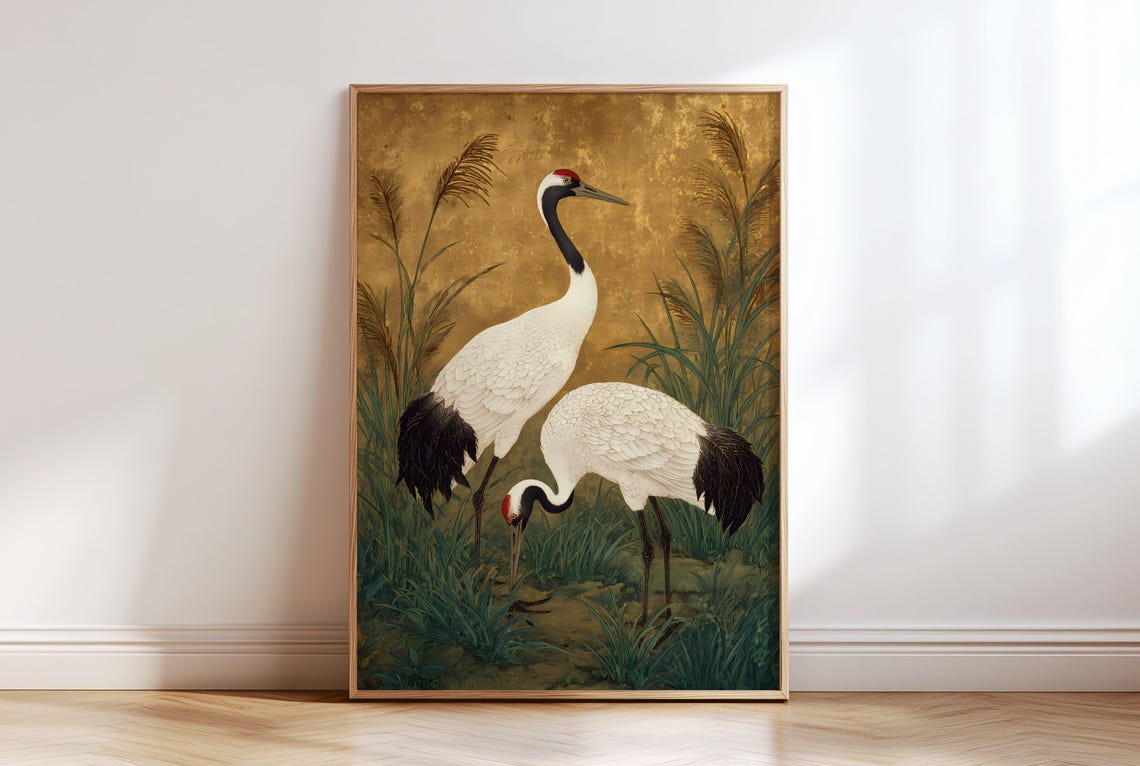 Japanese Red Crowned Cranes Pair Gold Vintage Bird Art Print