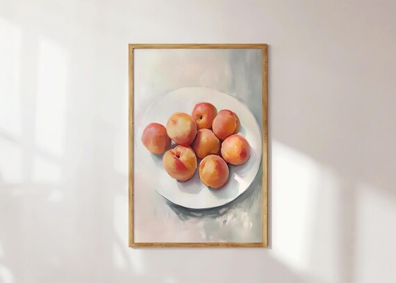 Fresh Peaches On White Plate Minimalist Soft Still Life Art Print
