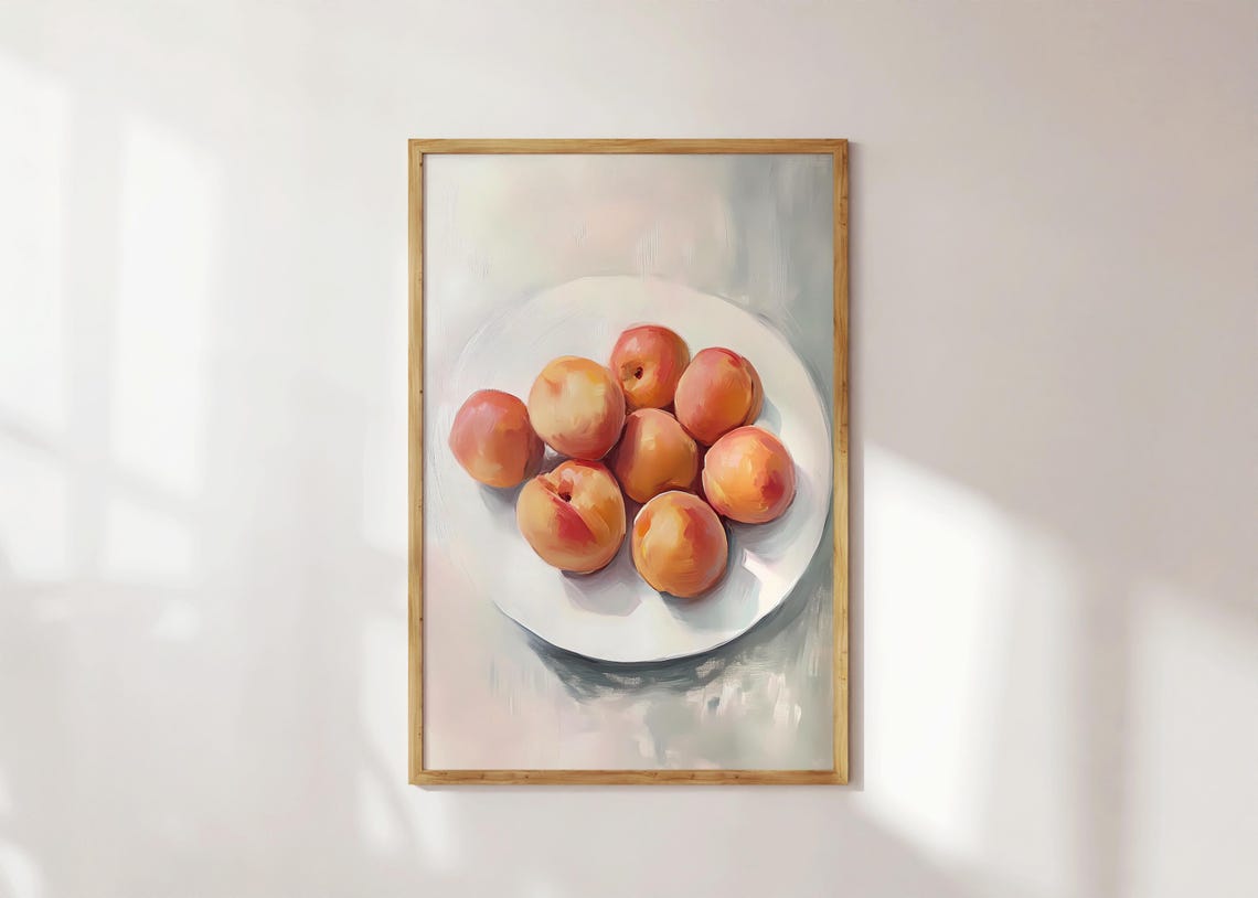 Fresh Peaches On White Plate Minimalist Soft Still Life Art Print