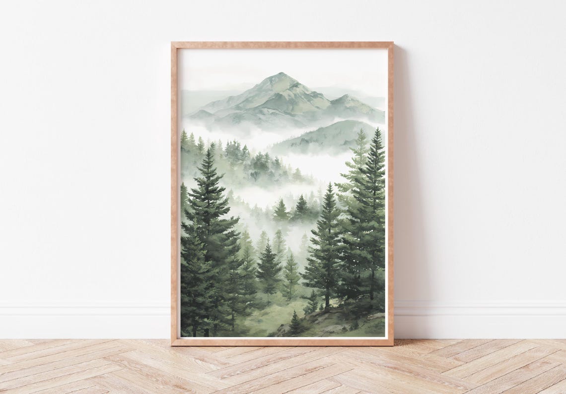 Misty Sage Green Pine Forest Watercolor Mountain Valley Poster Art