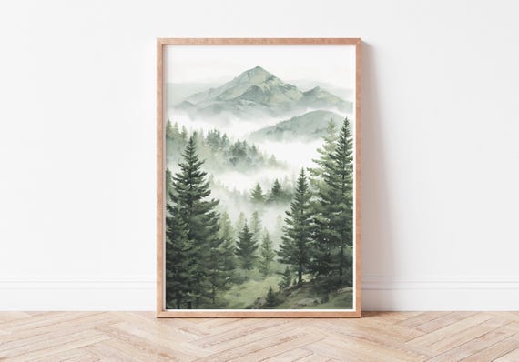 Watercolor Forest Mountain Print Abstract Sage Green Landscape