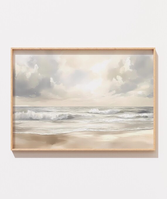 Pastel Beach Seascape With Soft Waves Neutral Coastal Art Poster