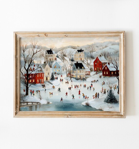 Christmas Village Snowy Winter Town Ice Skating Scene Poster