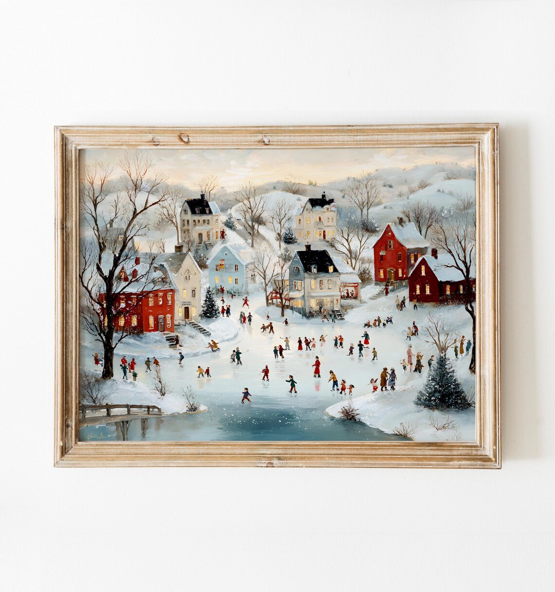 Christmas Village Snowy Winter Town Ice Skating Scene Poster