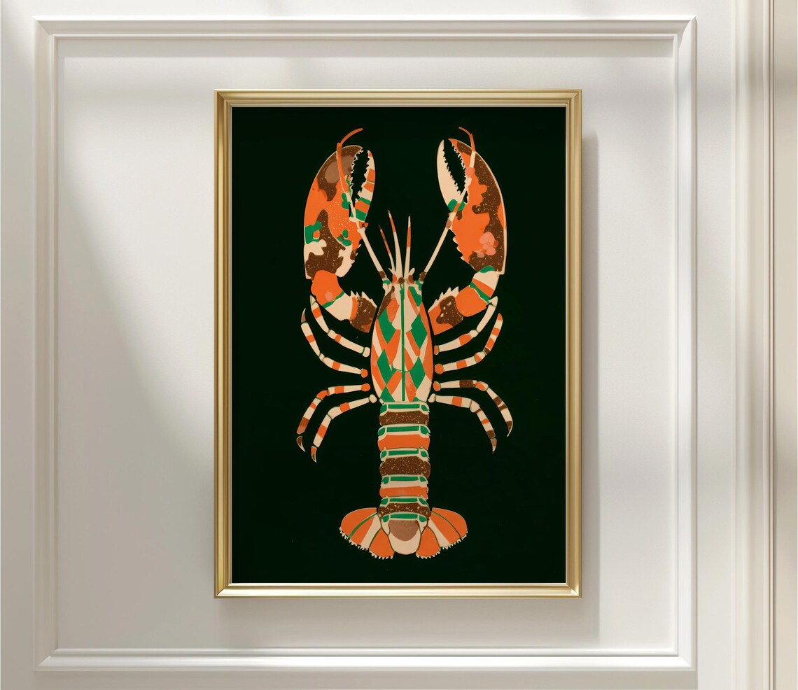 Lobster Art Print Modern Dark Green Orange Seafood Illustration