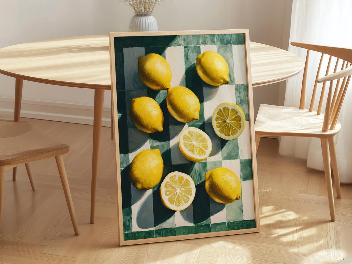 Sunny Yellow Lemons on Green Checkered Cloth Modern Kitchen Poster