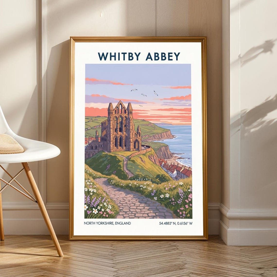 Whitby Abbey North Yorkshire Sunset Coast Vintage Travel Poster