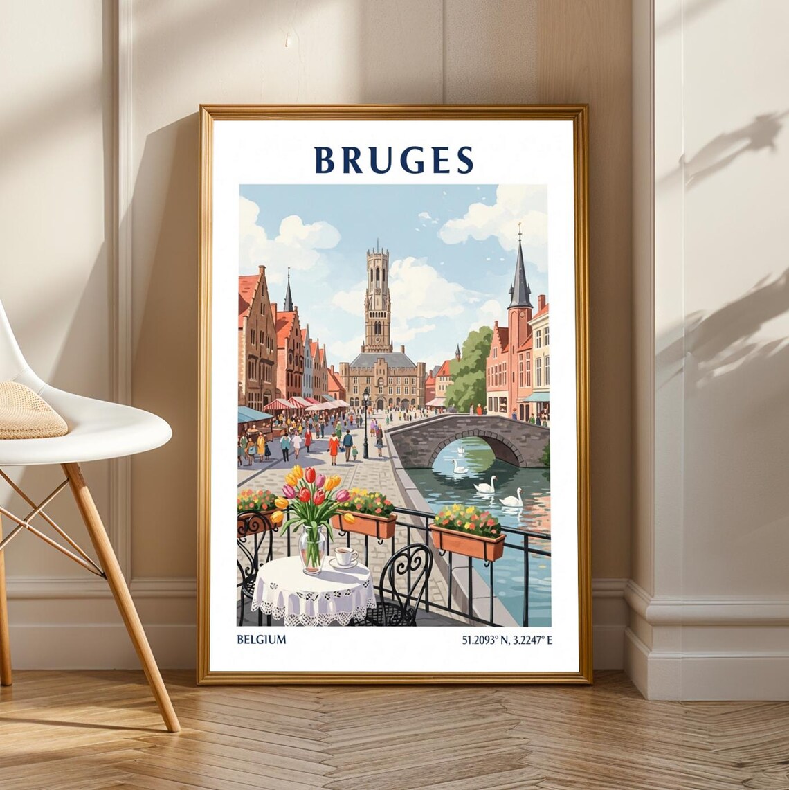 Bruges Marketplace Belfry Vintage Travel Poster