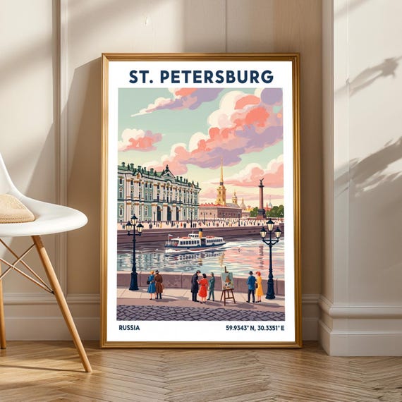 St Petersburg Architecture Poster Teal Pink Navy And Peach Gouache Art Vintage European Cityscape Living Room Decor