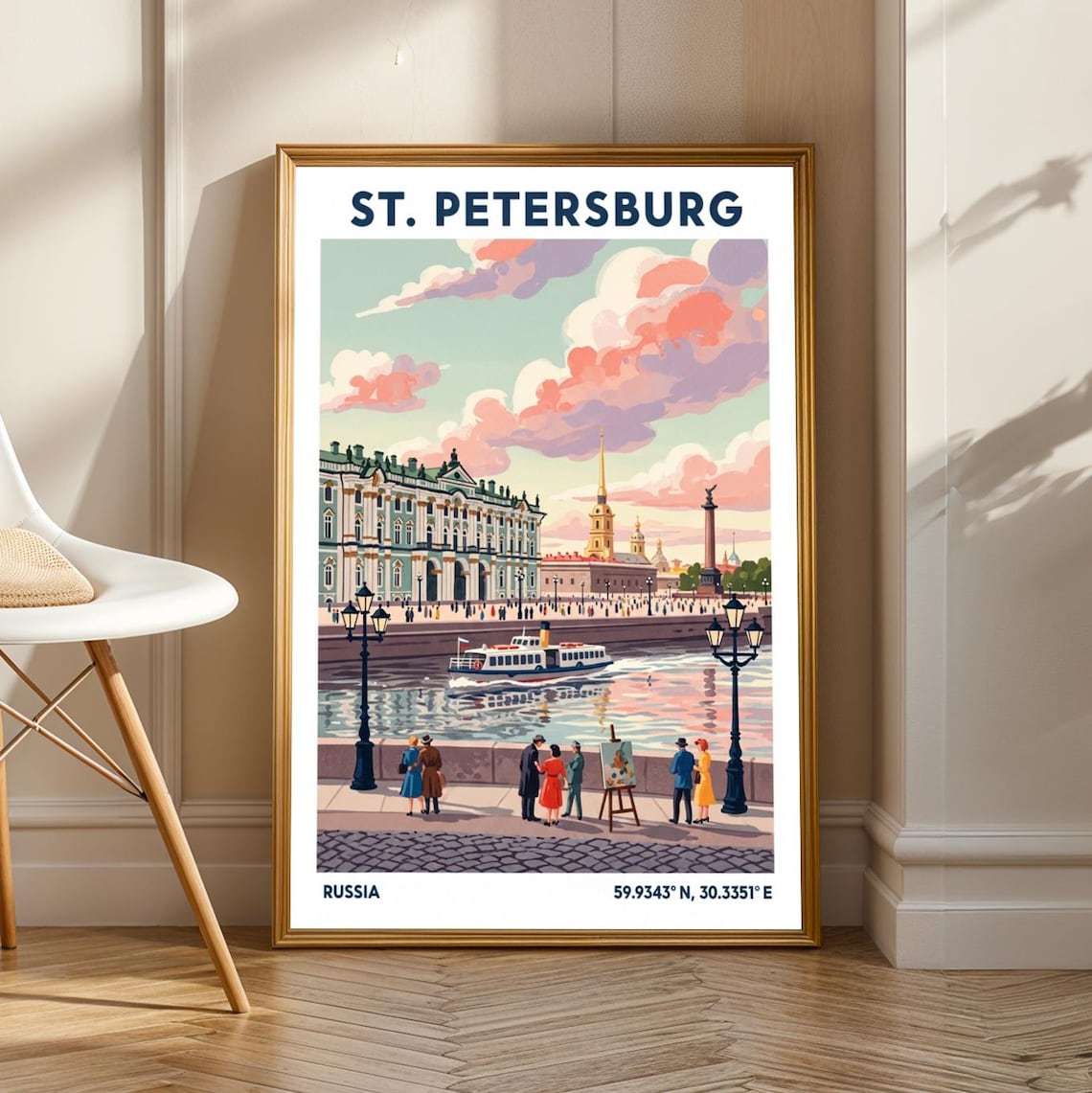 St Petersburg Palace Embankment Vintage Gouache Russia Travel Poster