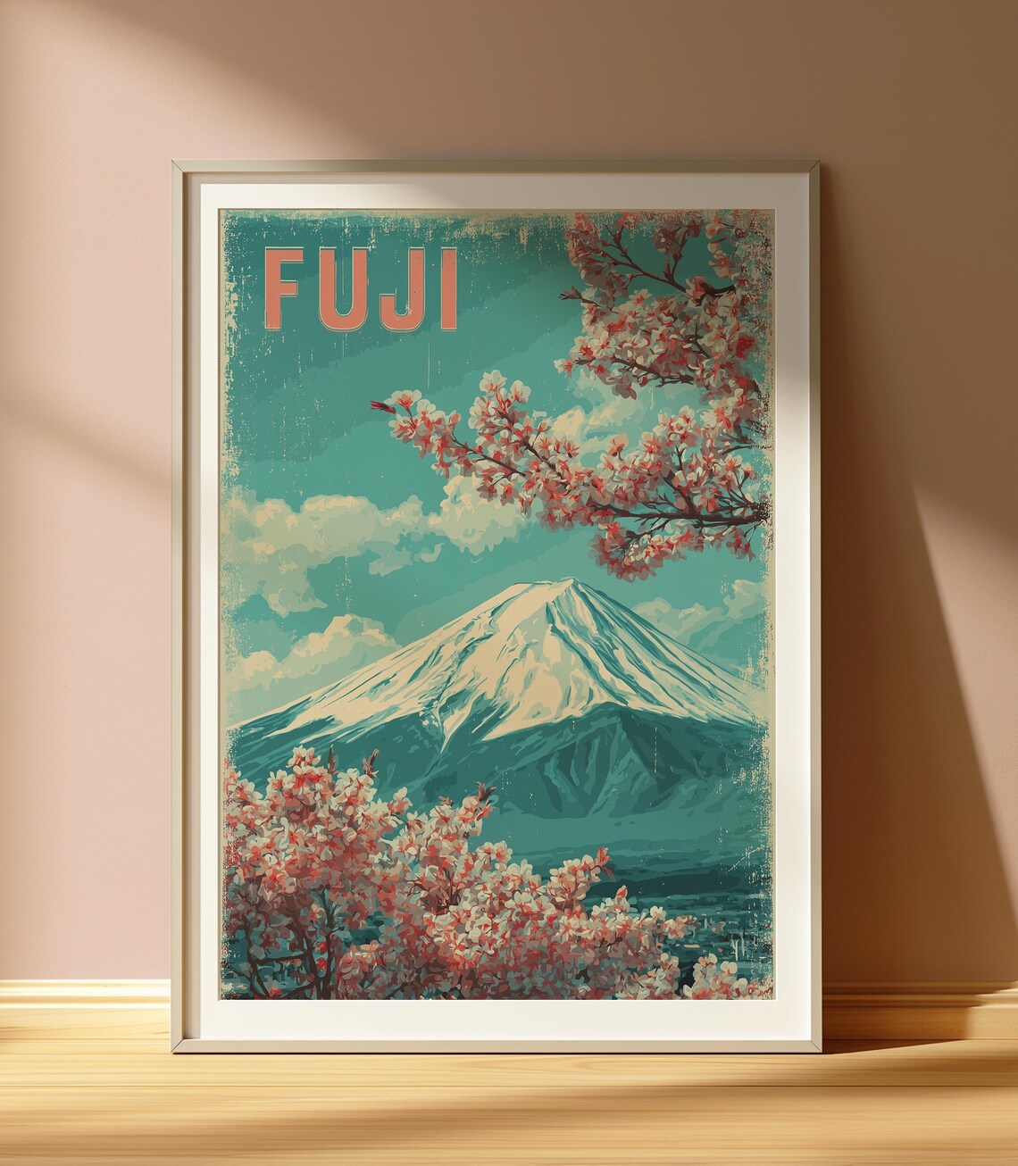 Mount Fuji Cherry Blossoms Teal Vintage Japanese Travel Poster