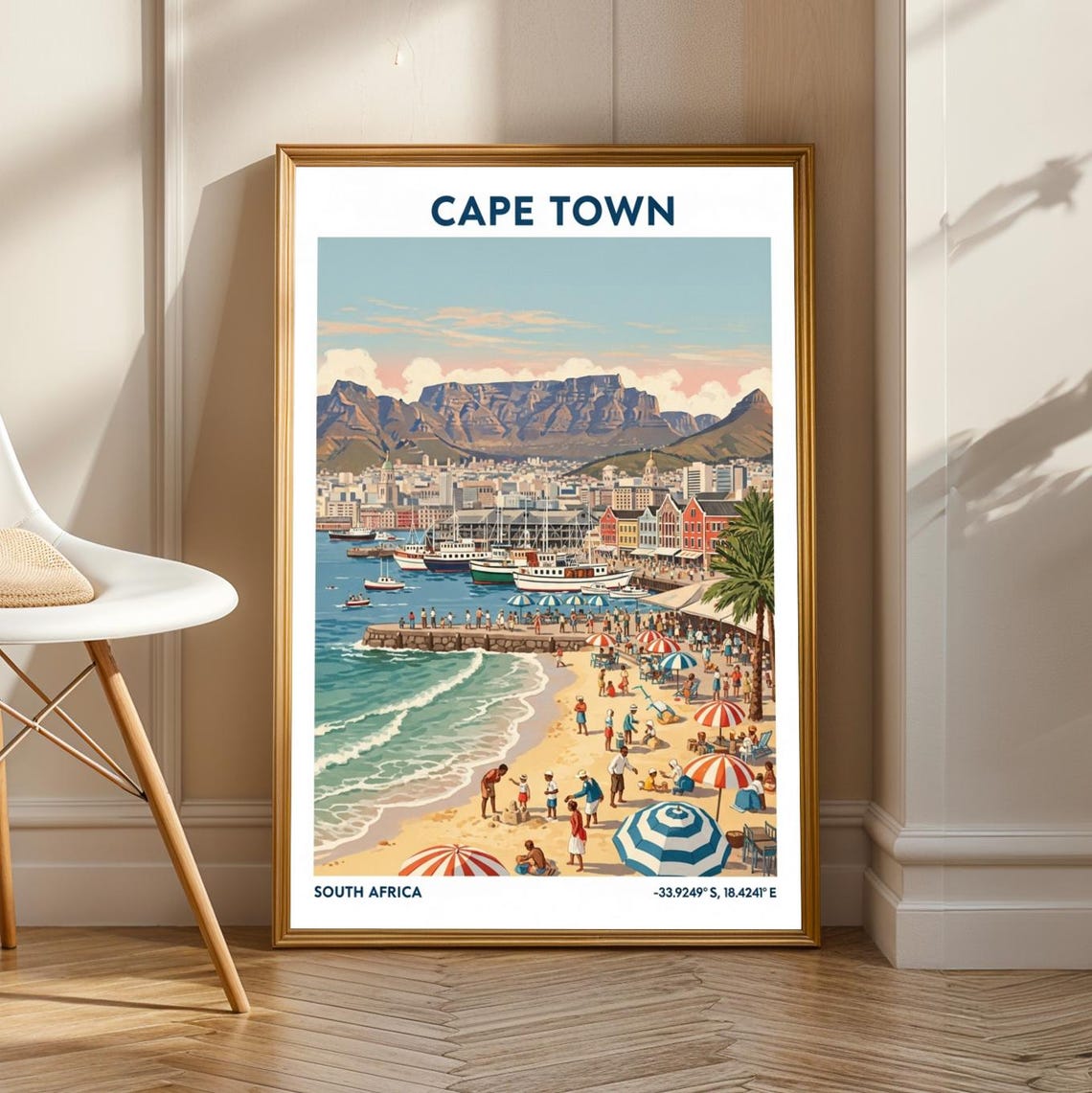 Cape Town Table Mountain Beachfront Harbor Vintage Travel Poster