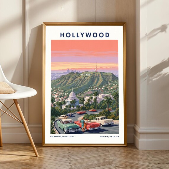 Hollywood Sunset Hills Classic Cars Vintage Los Angeles Travel Poster