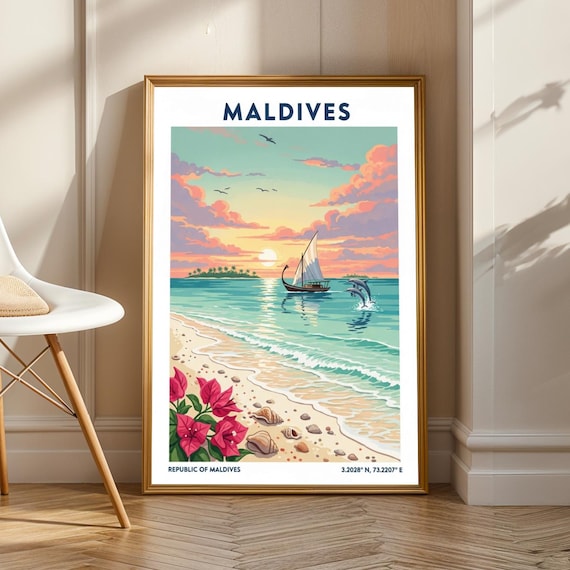 Maldives Tropical Paradise Poster Pink And Teal Blue Art Vintage Gouache Painting Island Wall Decor For Living Room