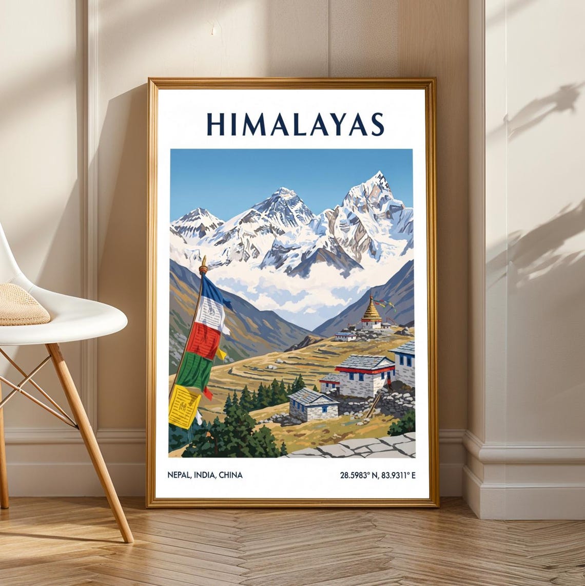 Himalayan Mountain Peaks Prayer Flags Nepal Village Travel Poster