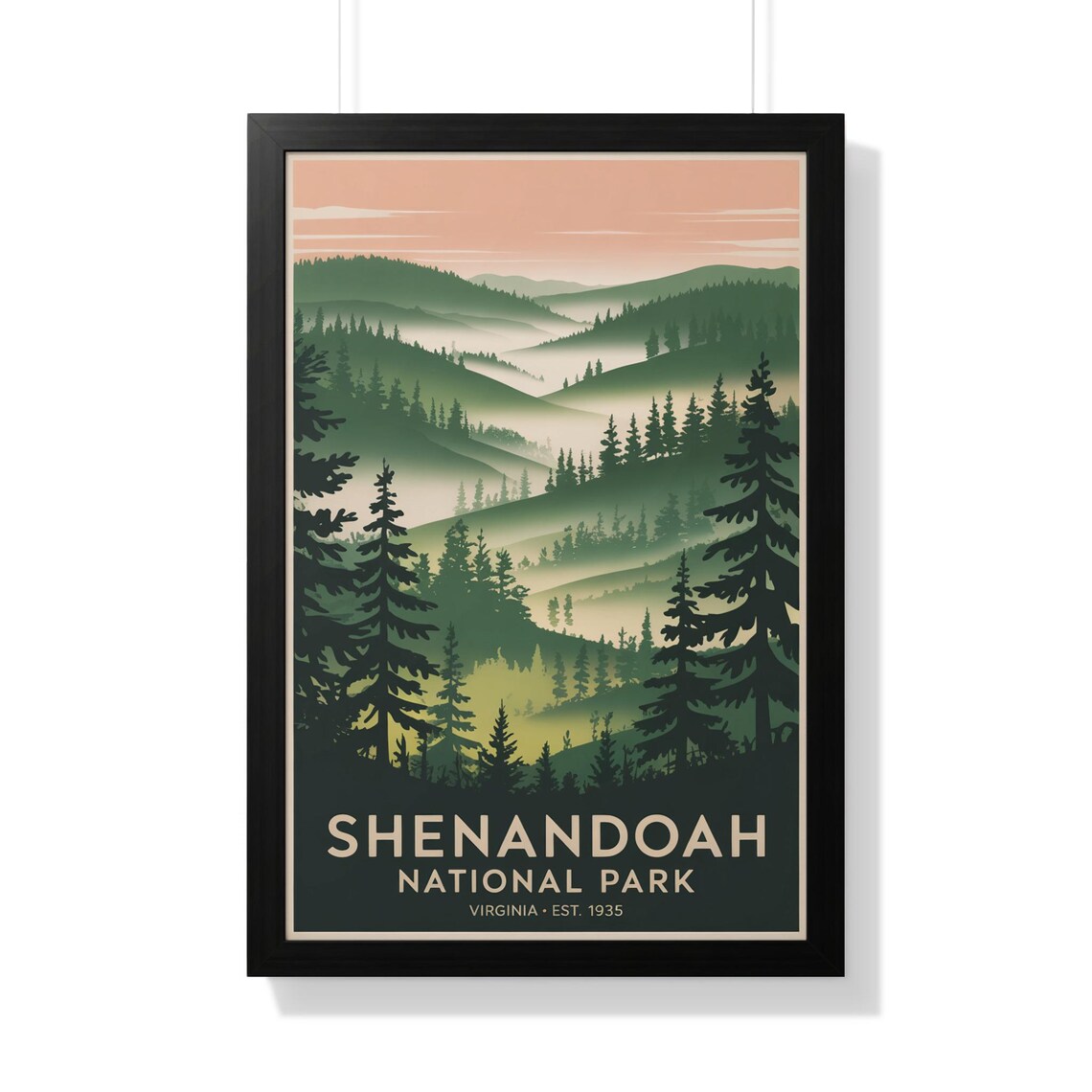 Shenandoah National Park Virginia Retro Travel Poster Misty Green Peaks
