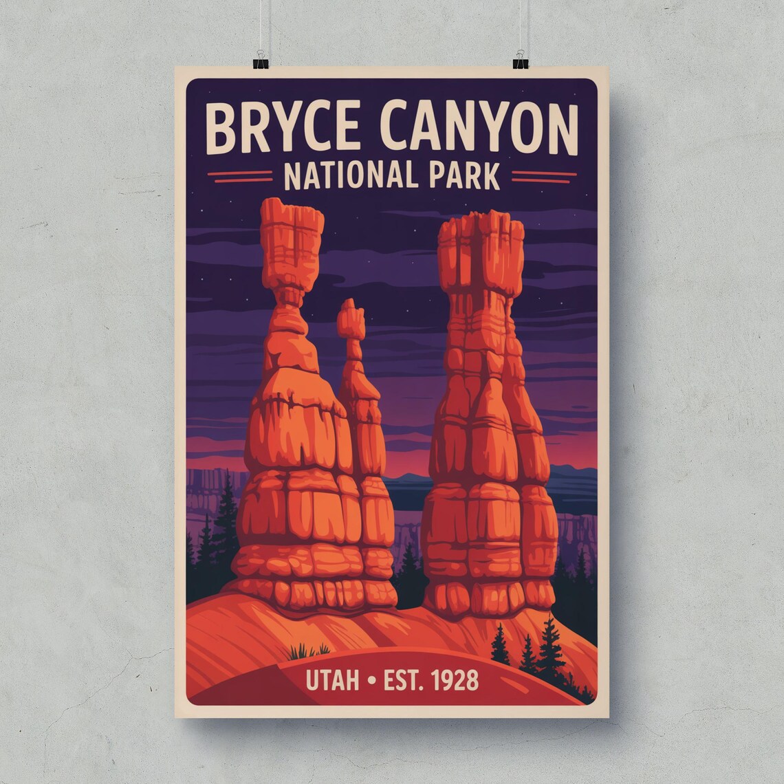 Bryce Canyon National Park Utah Retro Hoodoos Night Travel Poster
