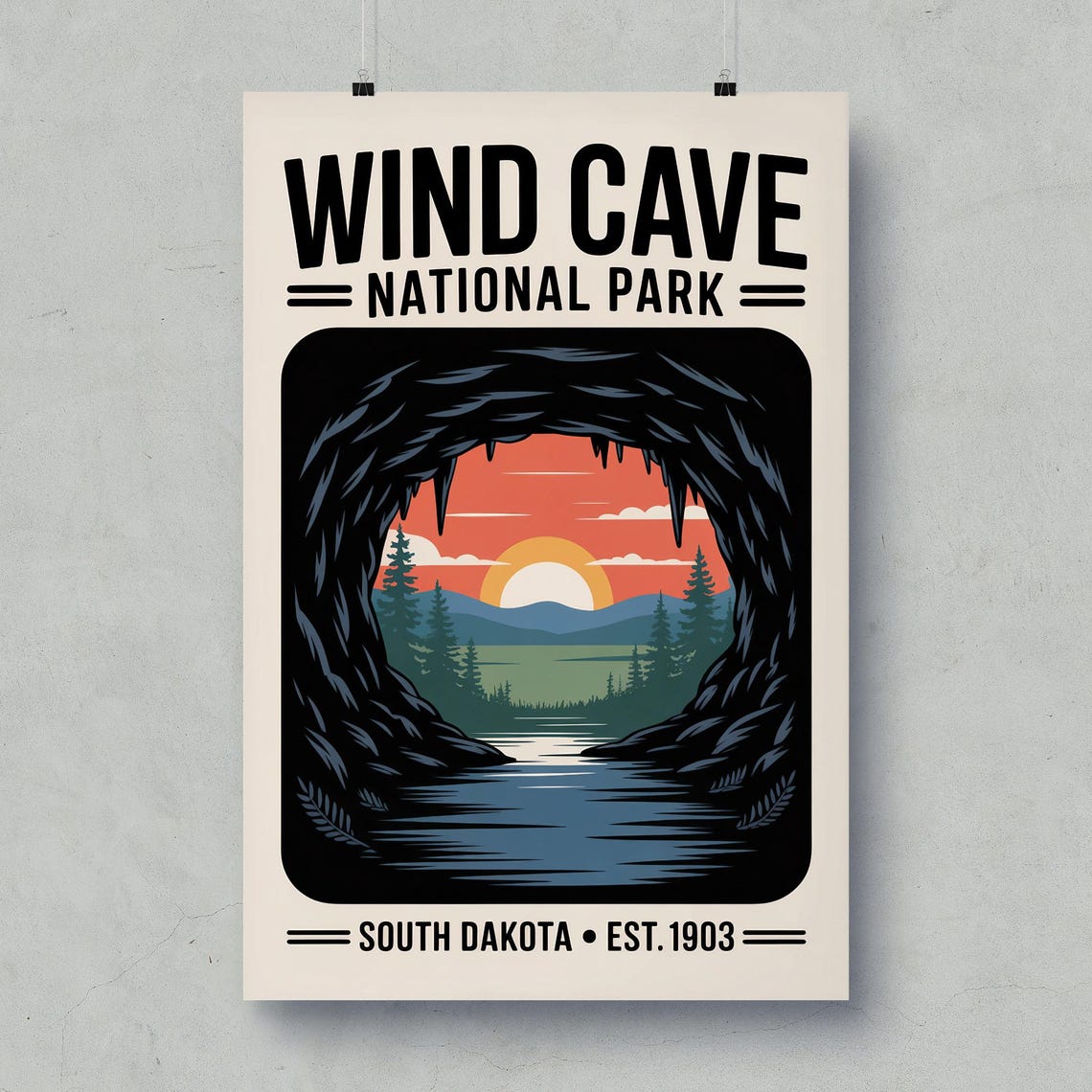 Wind Cave South Dakota National Park Cave Sunset Vintage Travel Poster